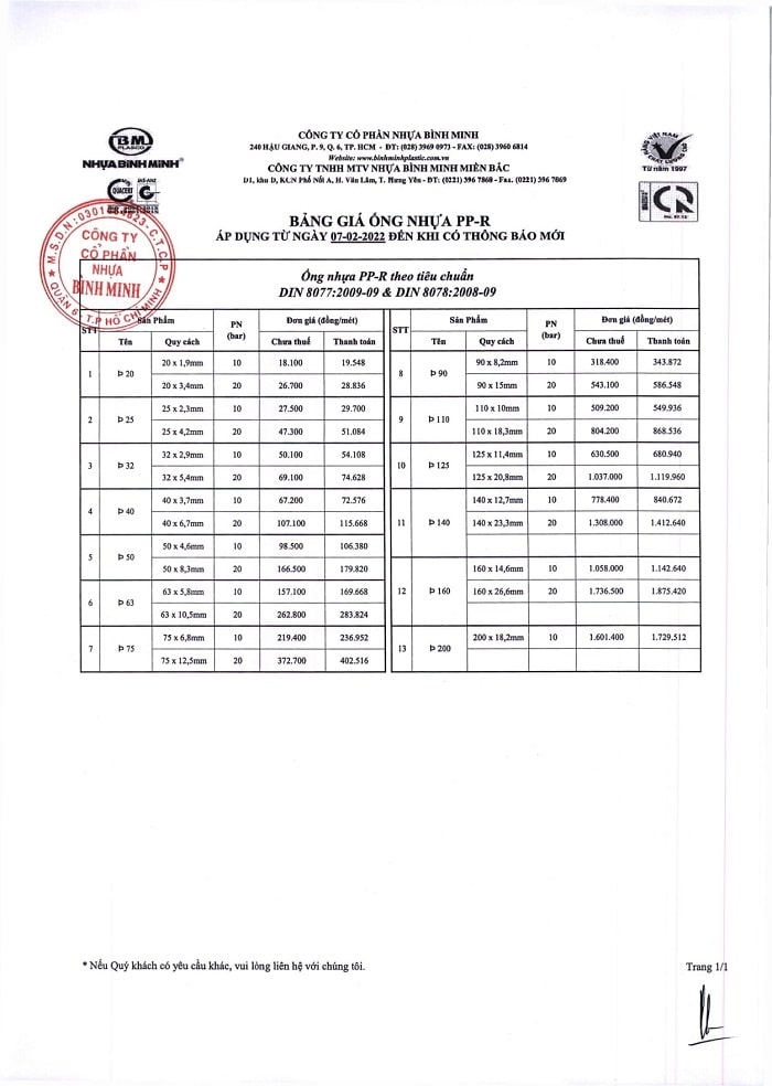 bang gia ppr binh minh